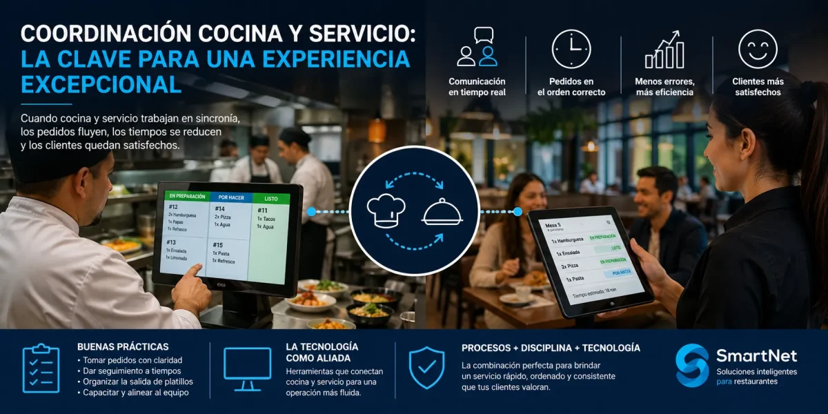 Coordinación entre cocina y servicio en restaurante usando tecnología para gestionar pedidos en tiempo real