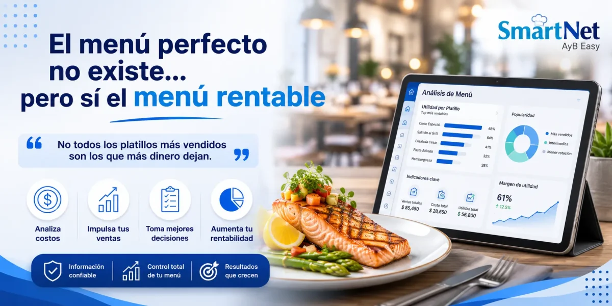 Restaurante analizando la rentabilidad del menú con SmartNet AyB Easy para optimizar costos, utilidad y ventas.